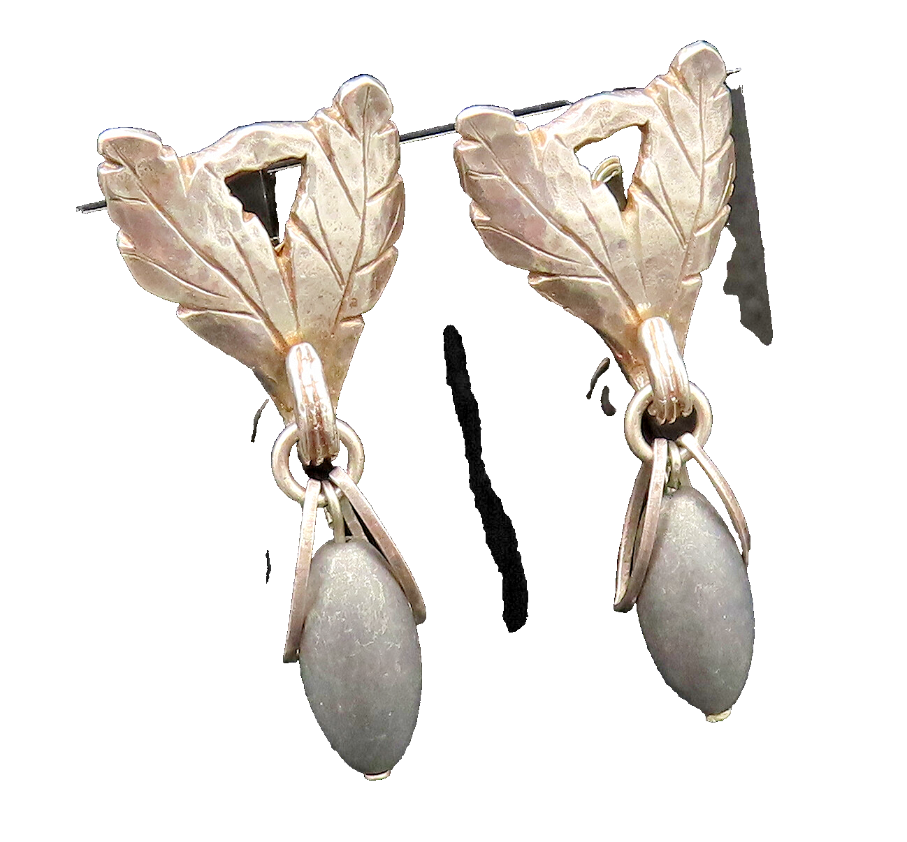 CELIA LANDMAN 925 Silver  Vintage Two Leaves & Stone Dangle Earrings  EG12240