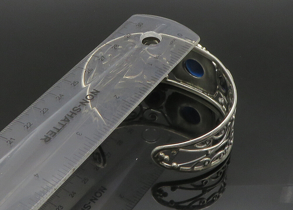 925 Sterling Silver   Vintage Blue Stone Floral Vine Cuff Bracelet  BT9088