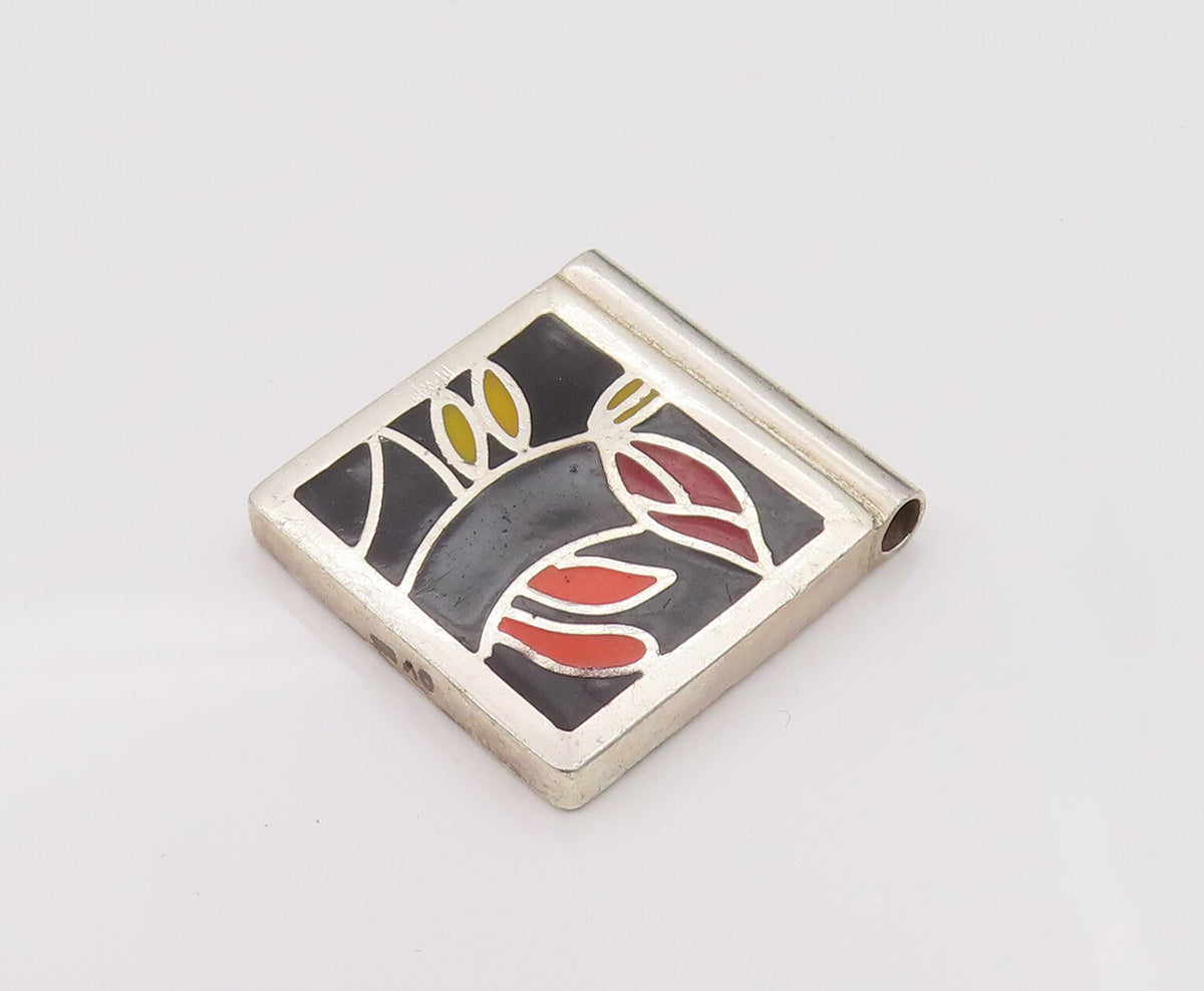 EUROPE 925 Sterling Silver  Vintage Square Flower Leaf Enamel Pendant PT22123