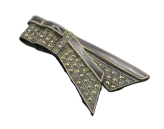 925 Sterling Silver   Vintage Black Onyx & Marcasite Ribbon Brooch Pin  BP6848
