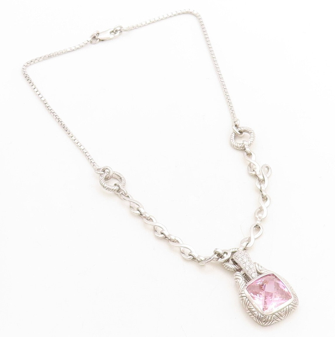 925 Sterling Silver  Pink Cubic Zirconia Infinity Link Chain Necklace  NE1140