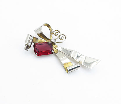 925 Sterling Silver  Vintage Pink Topaz Bow Tied Ribbon Brooch Pin  BP2596
