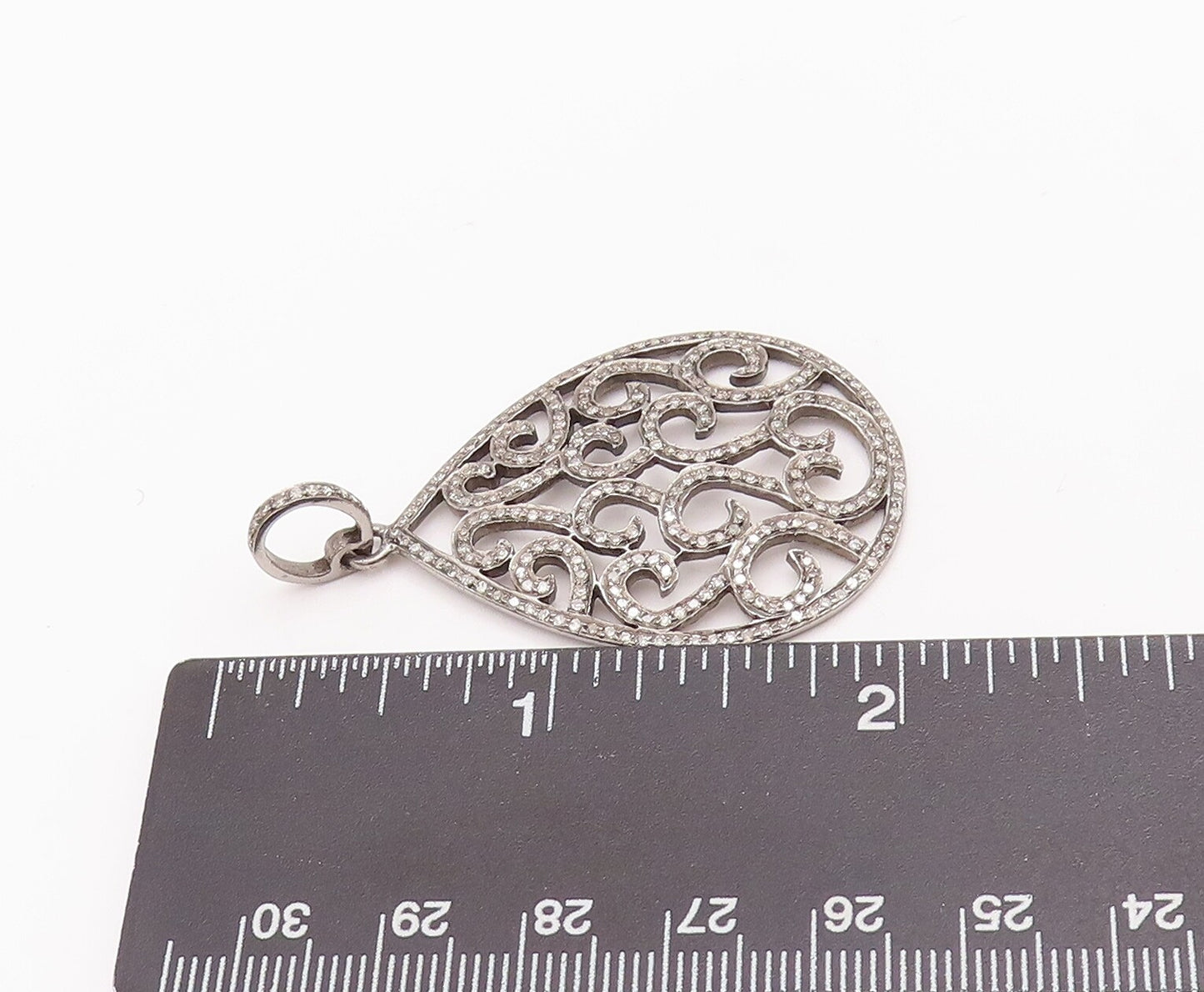 925 Sterling Silver Vintage Pendant 1/2 Ct Diamonds Swirly Carved Drop PT22941