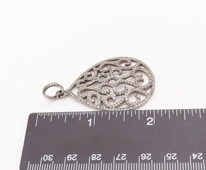925 Sterling Silver Vintage Pendant 1/2 Ct Diamonds Swirly Carved Drop PT22941