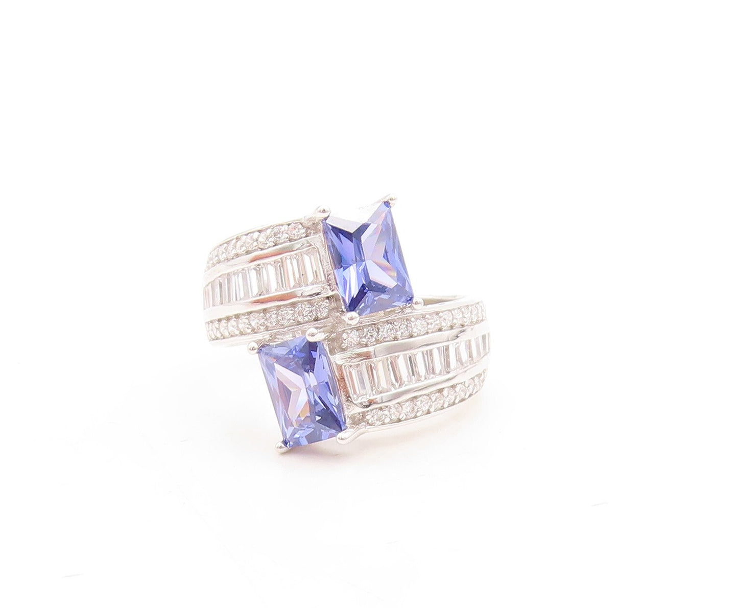 925 Sterling Silver Vintage Ring Blue & White CZ Bypass Inlay  Sz 7.5  RG30088
