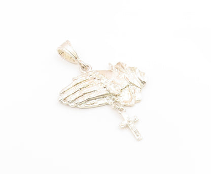925 Sterling Silver Vintage Pendant Etched Praying Hands With Holy Cross PT25967