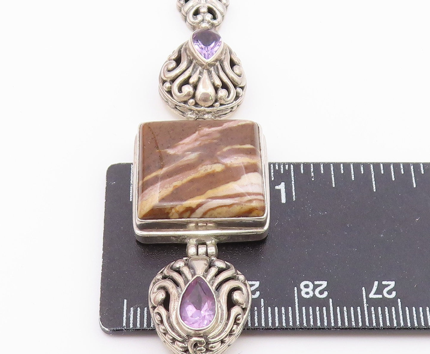 925 Sterling Silver  Vintage Brown Jasper & Amethyst Chain Bracelet  BT3896