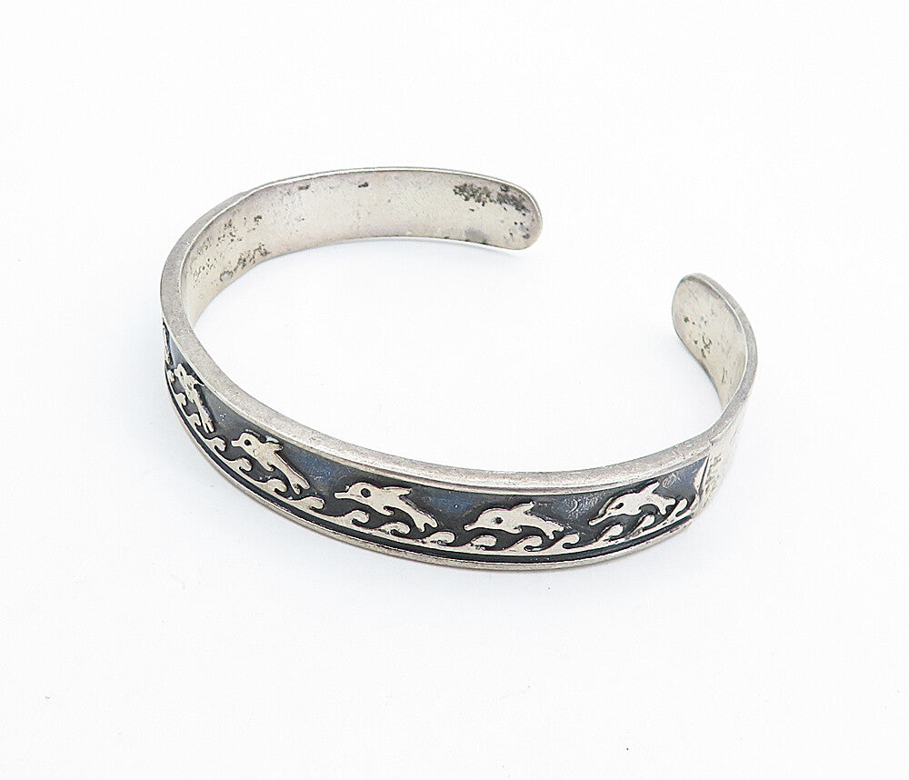 MEXICO 925 Sterling Silver  Vintage Oxidized Dolphin Cuff Bracelet  BT2514