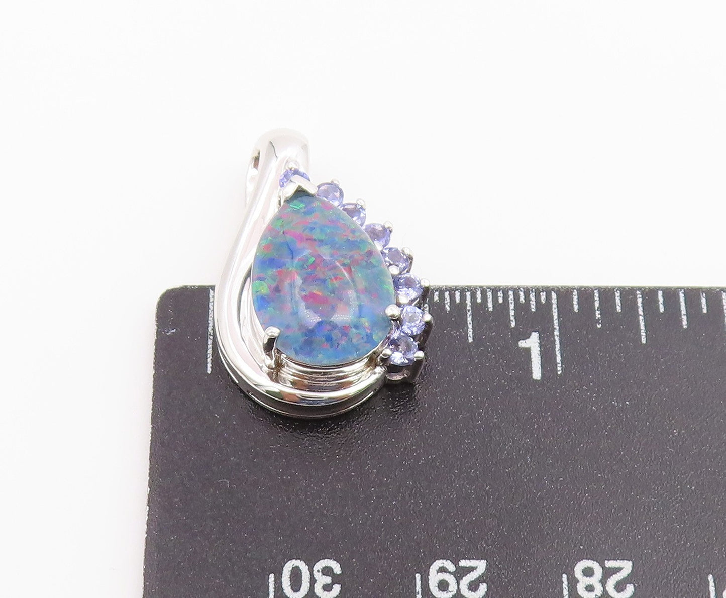 925 Sterling Silver Vintage Pendant Fire Opal & Tanzanite Teardrop  PT26590