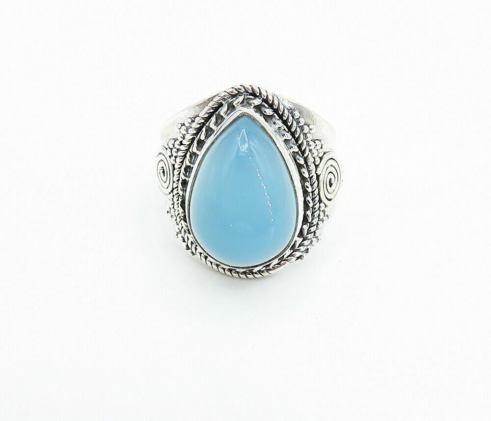 925 Sterling Silver  Blue Chalcedony Tear Drop Cocktail Ring Sz 6.5  RG8067