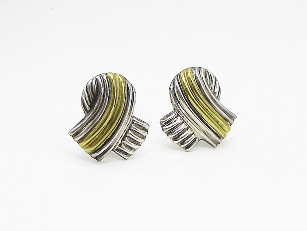 MEXICO 925 Sterling Silver Vintage 2 Tone Ribbon Tie Clip On Earrings EG1916