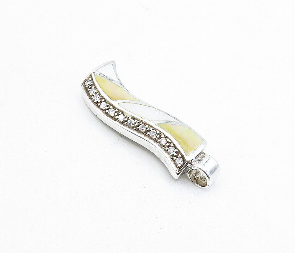 925 Sterling Silver  Vintage Mother Of Pearl & Topaz Striped Pendant  PT3350