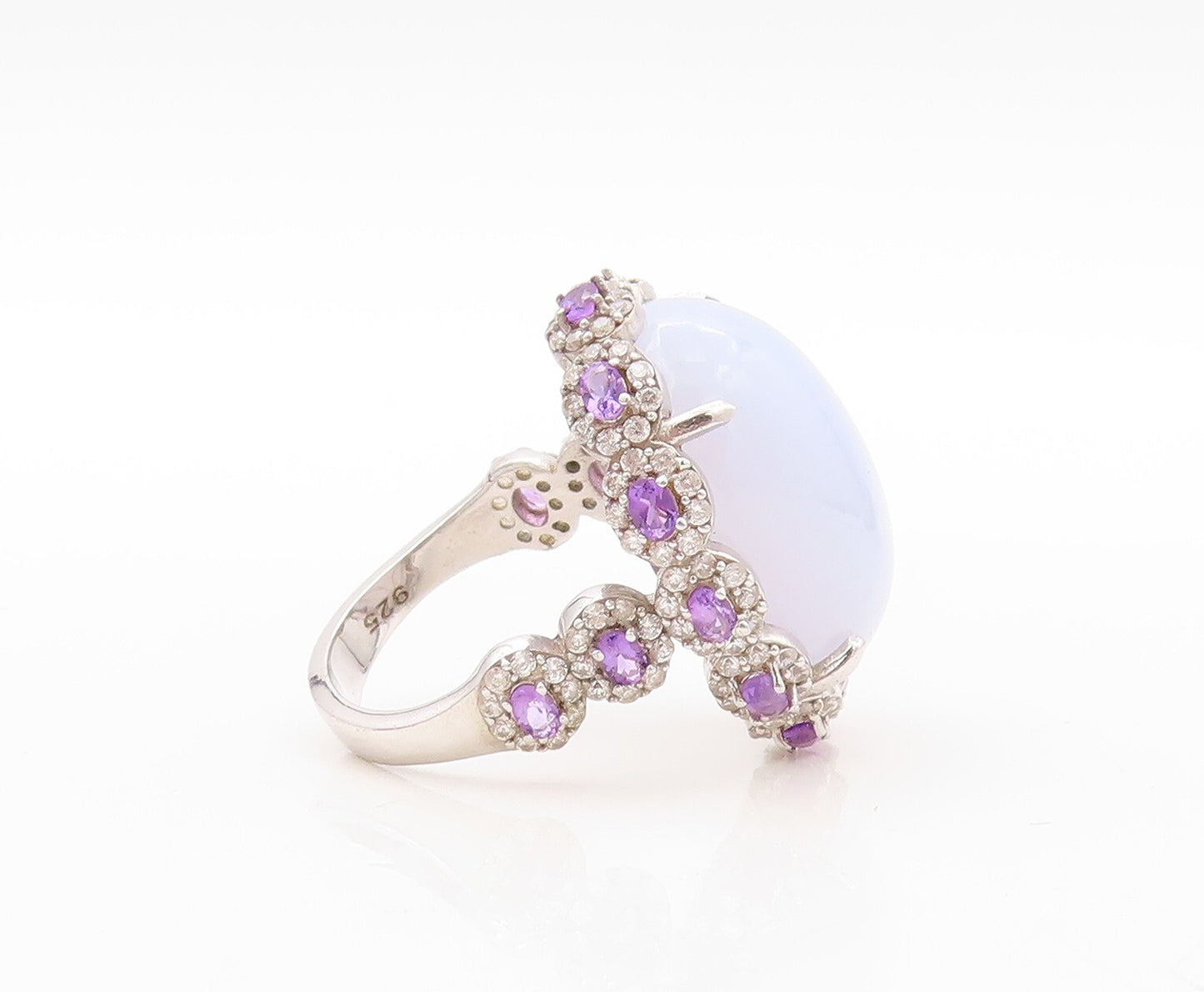 925 Sterling Silver Vintage Ring Gemstone Amethyst & CZ Flowers  Sz 8.5  RG30672