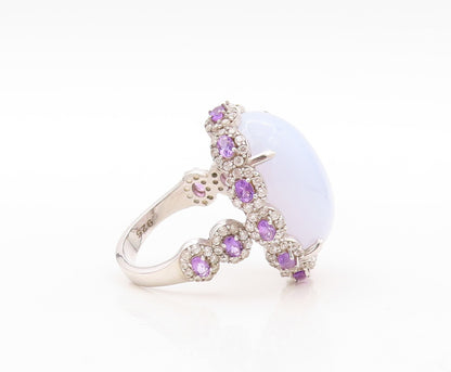 925 Sterling Silver Vintage Ring Gemstone Amethyst & CZ Flowers  Sz 8.5  RG30672