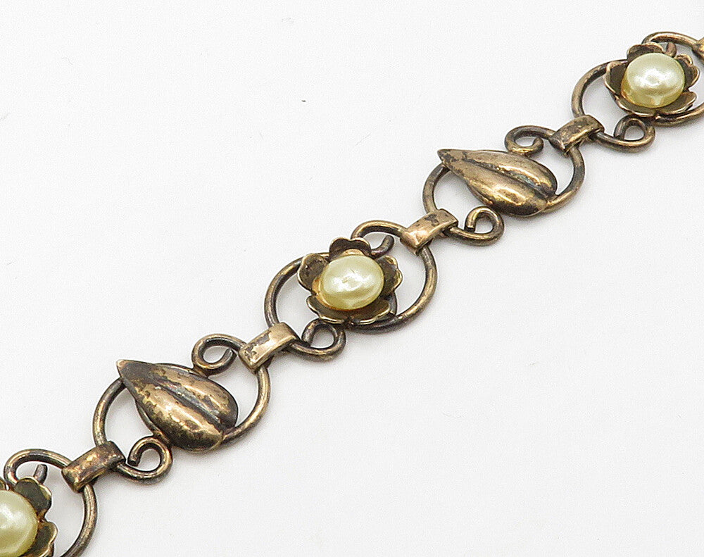 925 Sterling Silver  Vintage Freshwater Pearls Floral Chain Bracelet  BT6362