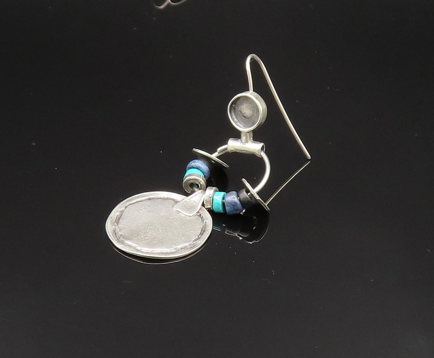 ISRAEL 925 Silver  Vintage Turquoise & Sodalite Beads Disc Earrings  EG11827