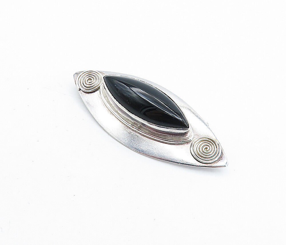 SAJEN 925 Silver  Vintage Cabochon Cut Black Onyx Shiny Brooch Pin  BP2764