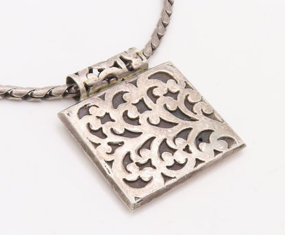 925 Sterling Silver Vintage Necklace Dark Tone Swirly Carved Square  NE4385