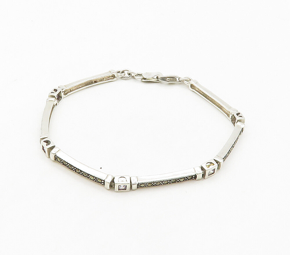 925 Sterling Silver   Cubic Zirconia & Marcasite Bar Chain Bracelet  BT6411