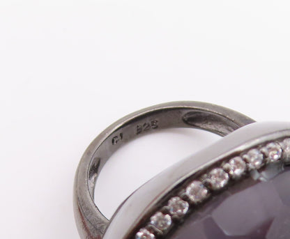 925 Sterling Silver Vintage Ring Large Purple Cat's Eye Halo CZ  SZ 6.5  RG31997