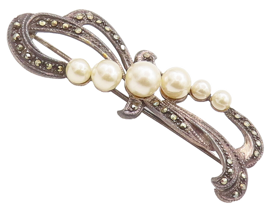 925 Sterling Silver Vintage Brooch Pin Pearls & Marcasite Swirly Bow  BP10638