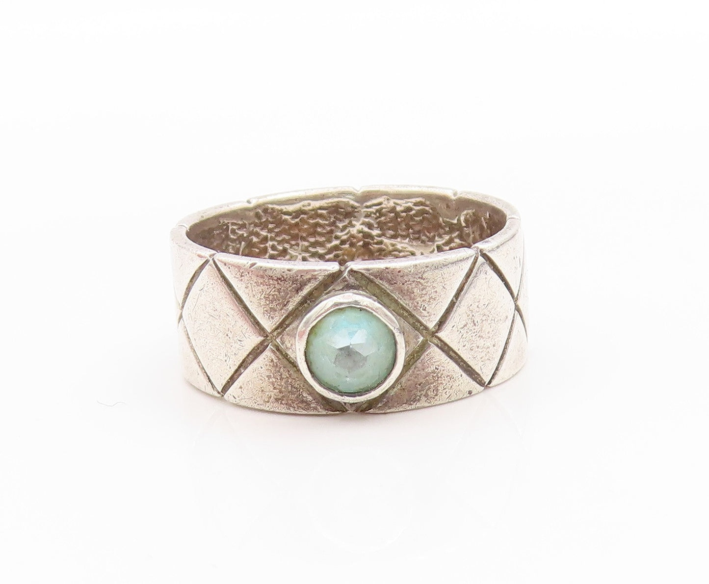 925 Sterling Silver Vintage Ring Topaz Quilted Raised Pattern Sz 7.5  RG33489