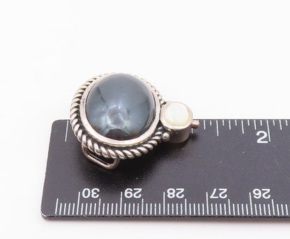 925 Sterling Silver  Vintage Hematite & Mother Of Pearl Twist Pendant PT7594
