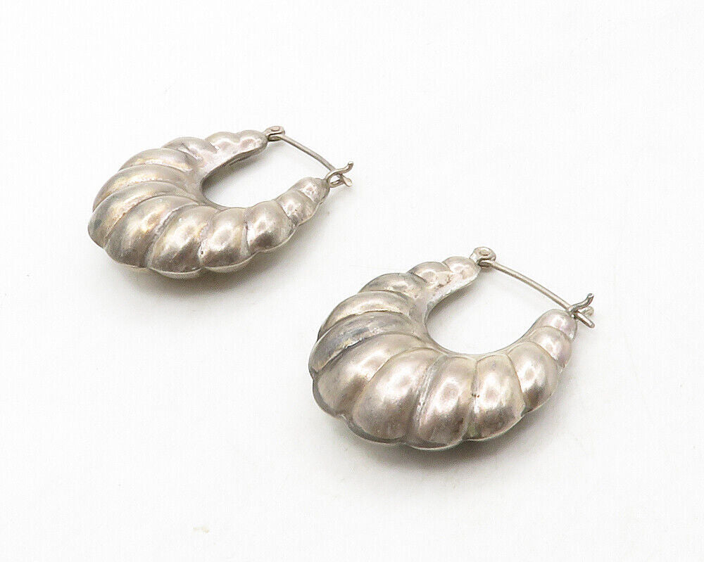 925 Sterling Silver  Vintage Dark Tone Hollow Fluted Hoop Earrings  EG6747