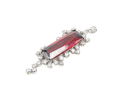 925 Sterling Silver  Vintage Red Topaz & Cubic Zirconia Shiny Pendant  PT15002