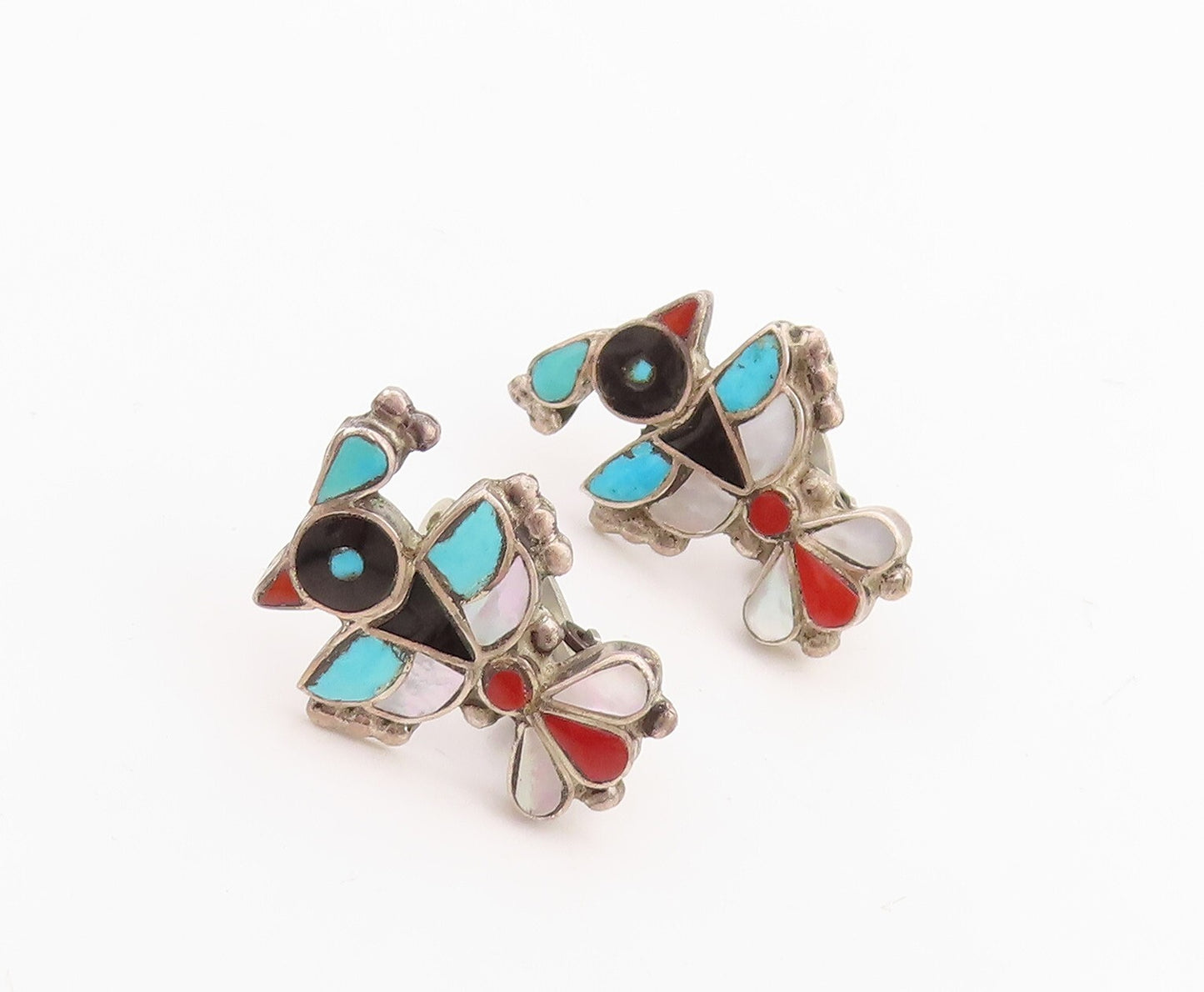 925 Sterling Silver Vintage Earrings ZUNI NAVAJO Gemstone Inlay Bird  EG13241