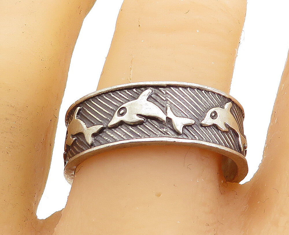 925 Sterling Silver  Vintage Oxidized Dolphins Large Band Ring Sz 11.5  RG6427