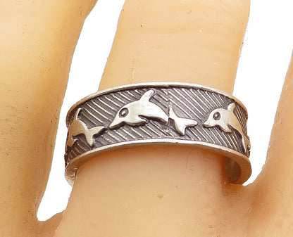 925 Sterling Silver  Vintage Oxidized Dolphins Large Band Ring Sz 11.5  RG6427