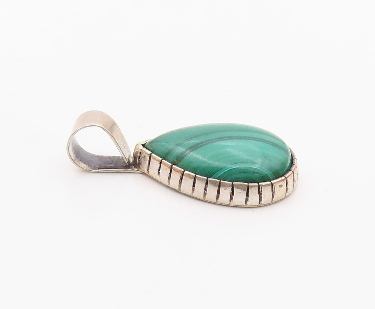 NAVAJO 925 Sterling Silver Vintage Pear Shaped Malachite Drop Pendant PT20197