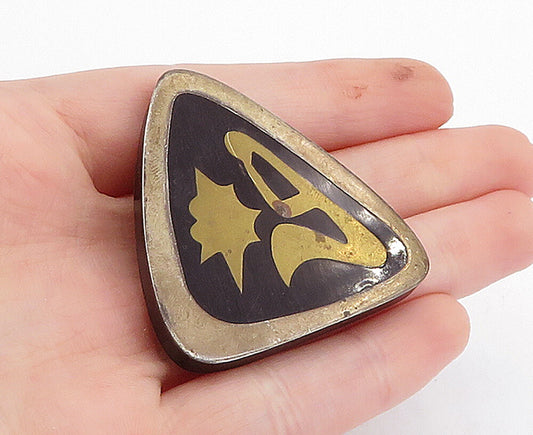 MEXICO 925 Sterling Silver  Vintage Inlaid Black Onyx Design Brooch Pin BP1346