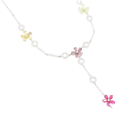 925 Sterling Silver Vintage Necklace Multi Gemstone Elegant Floral Lariat NE4915