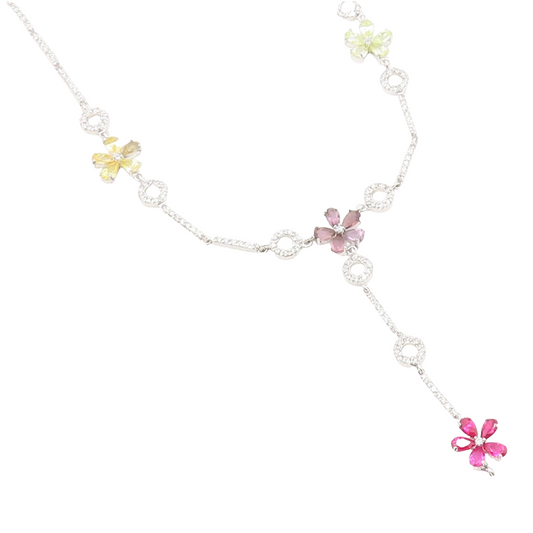925 Sterling Silver Vintage Necklace Multi Gemstone Elegant Floral Lariat NE4915