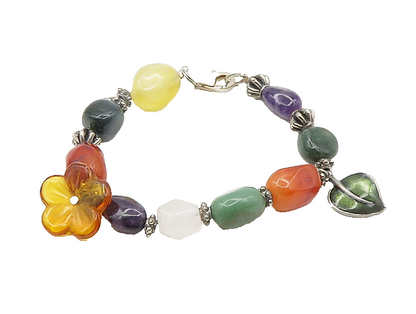 925 Silver  Vintage Amethyst Jade Amber Agate & Quartz Chain Bracelet  BT7839