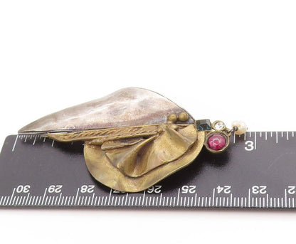 925 Sterling Silver Vintage Brooch Multi Gemstone Modernist Sailboat Pin BP11878