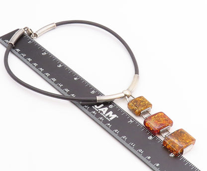 925 Sterling Silver Vintage Necklace Square Cabochon Drop Honey Amber  NE4599