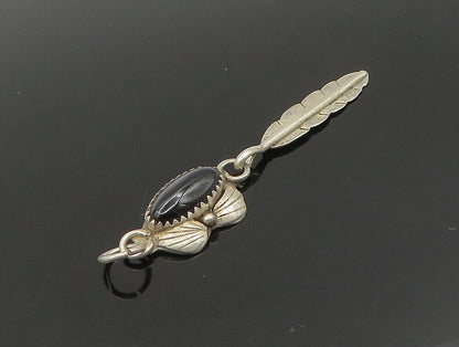 NAVAJO 925 Silver  Vintage Black Onyx Feather Floral Leaf Pendant  PT19556