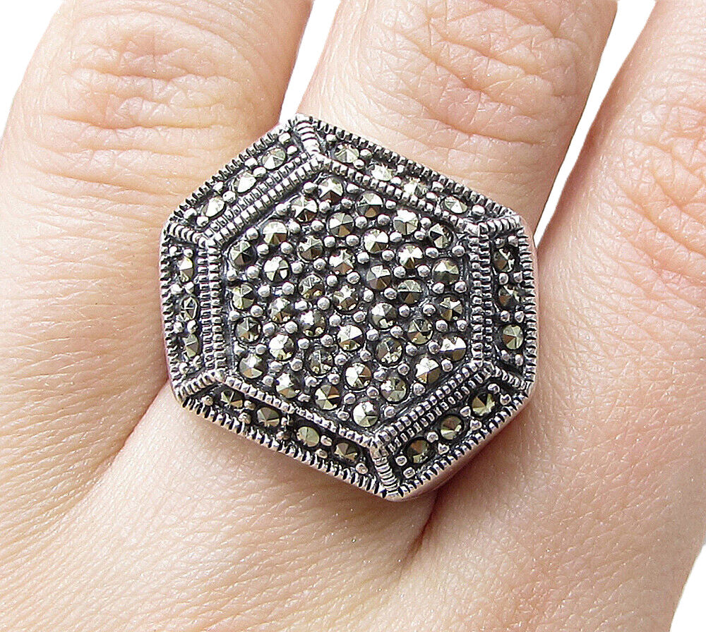 925 Sterling Silver  Marcasite Hexagon Cluster Ring Sz 6.5  RG1555