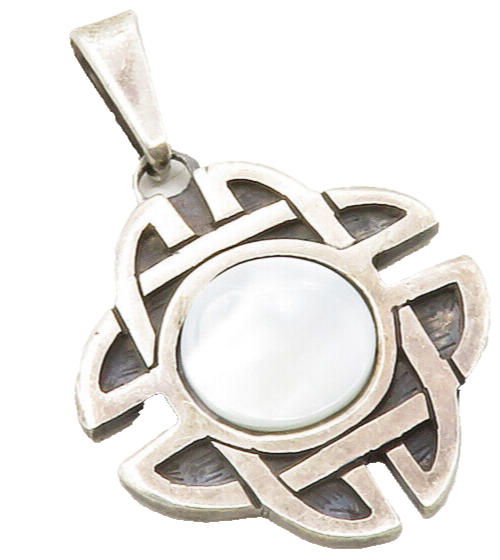 925 Sterling Silver Vintage Mother Of Pearl Celtic Knot Drop Pendant PT9870