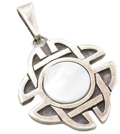 925 Sterling Silver Vintage Mother Of Pearl Celtic Knot Drop Pendant PT9870