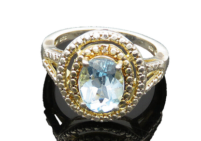925 Sterling Silver  Vintage Blue Topaz Shiny Round Cocktail Ring Sz 6 RG20653