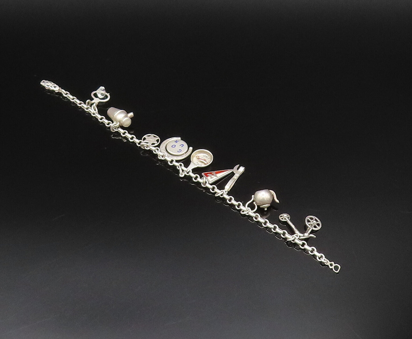 925 Silver  Vintage Hot Dog Pan Crystal Quartz & Multi Charm Bracelet  BT9667