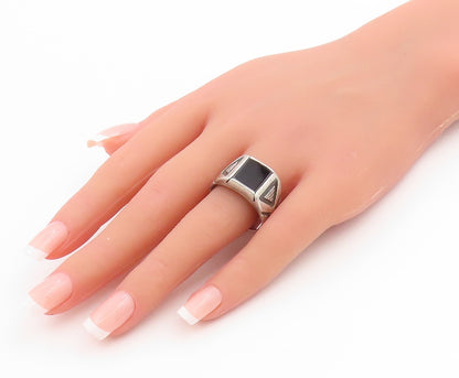 925 Sterling Silver Vintage Ring Onyx Etched Geometric Band  Sz 11.5  RG34001
