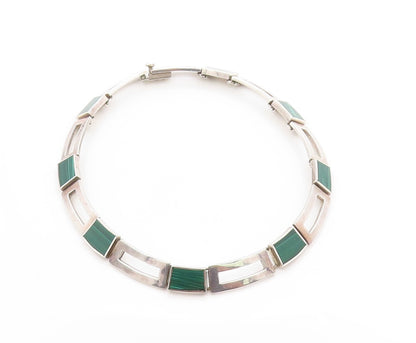 925 Sterling Silver Vintage Necklace MEXICO Malachite Geometric Collar  NE4648