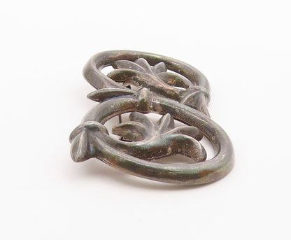 MMA 925 Silver  Vintage Dark Tone Floral Leaf Swirl Vine Brooch Pin  BP9335