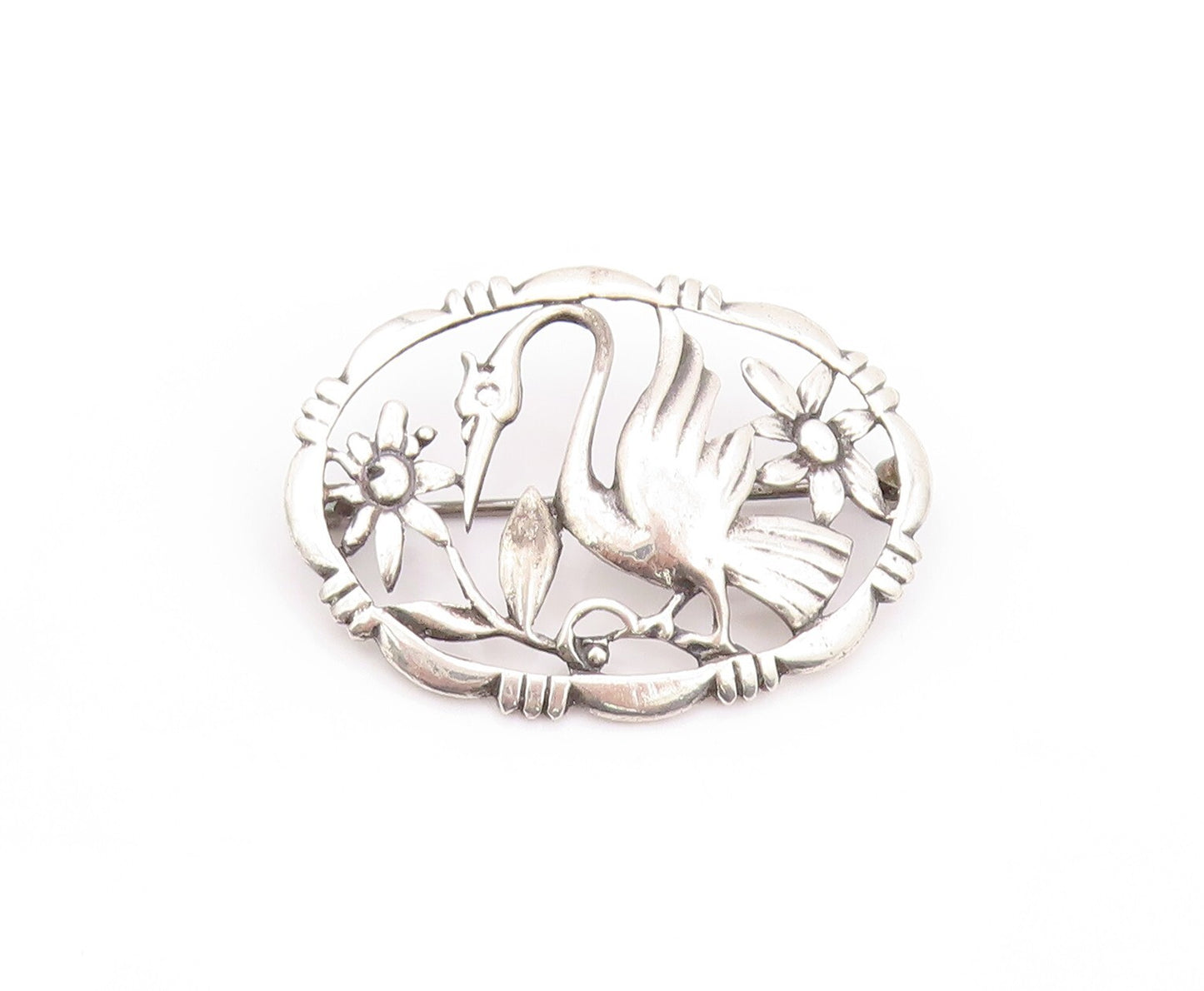 925 Sterling Silver Vintage Brooch  BAUR Cutout Stork & Floral Design  BP11552