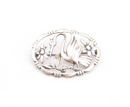 925 Sterling Silver Vintage Brooch  BAUR Cutout Stork & Floral Design  BP11552